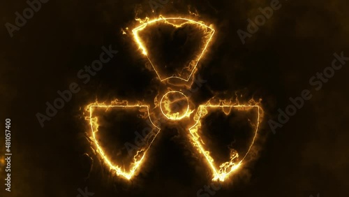 Flaming iconic trefoil radioactive symbol background animation. Danger hazard warning sign for ionizing radiation motion background.