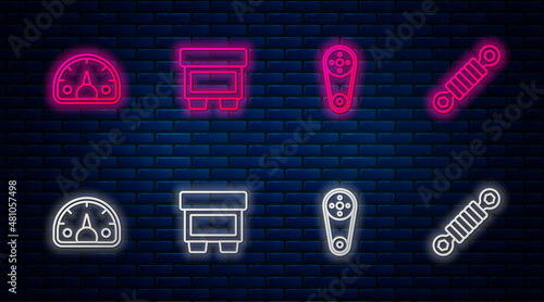 Set line Fuse, Timing belt kit, Speedometer and Shock absorber. Glowing neon icon on brick wall. Vector