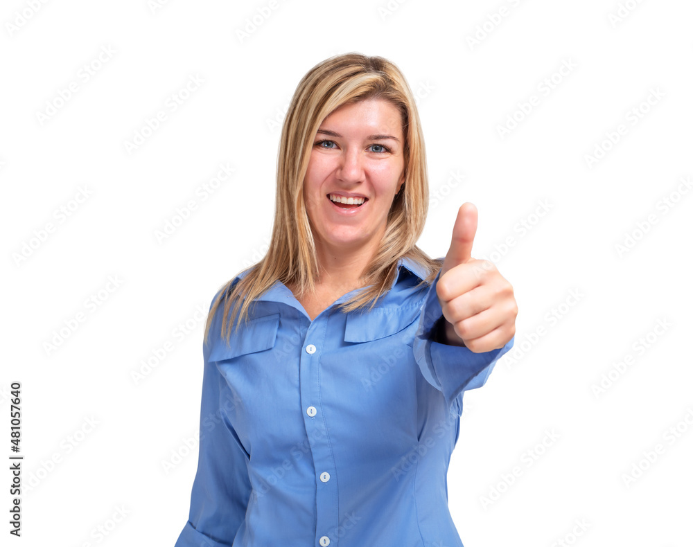 Smiling young woman showing thumb up isolated Smiling young woman showing thumb up isolated