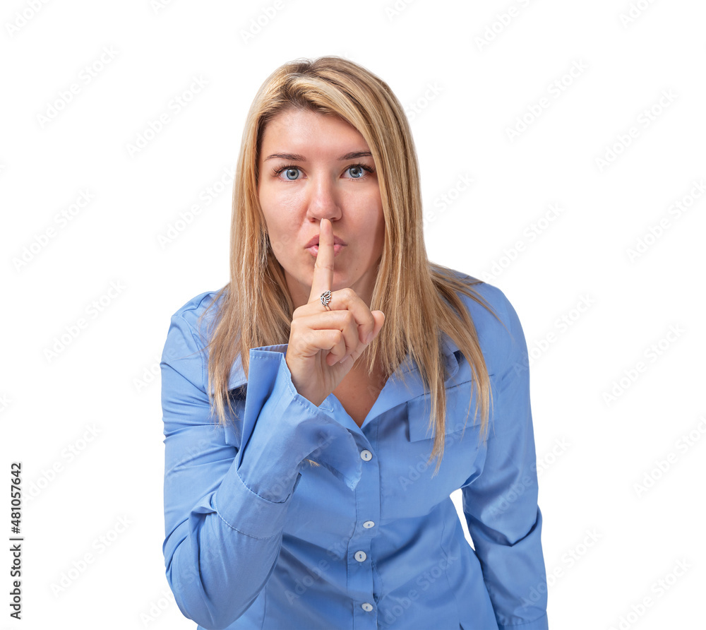 Young woman holds a finger and shows quietly isolated Young woman holds a finger and shows quietly isolated