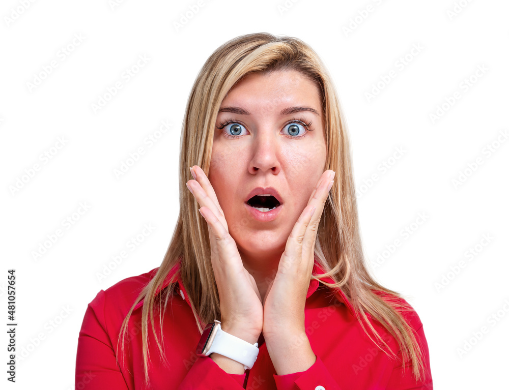 Surprised young woman with hands near face isolated Surprised young woman with hands near face isolated