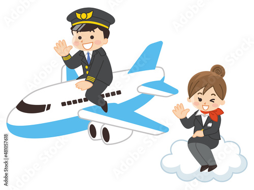 パイロットの男性とCAの女性と飛行機　航空機　ジェット機