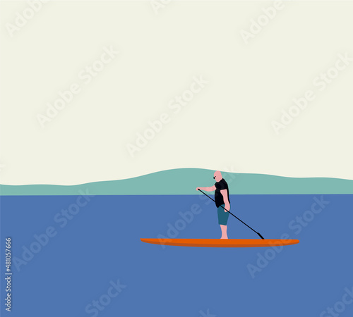 Man do stand up paddling on water. Summer Activity on Water. Beach activities. Vector illustration in flat style.