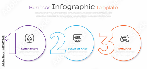 Set line Fire flame, Word oil and Spare wheel in the car. Business infographic template. Vector