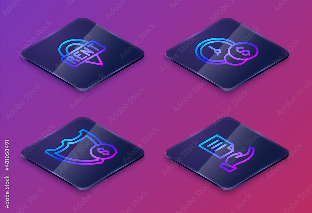 Set Isometric line Location key, Shield with dollar, Time is money and House contract. Blue square button. Vector Set Isometric line Location key, Shield with dollar, Time is money and House contract. Blue square button. Vector
