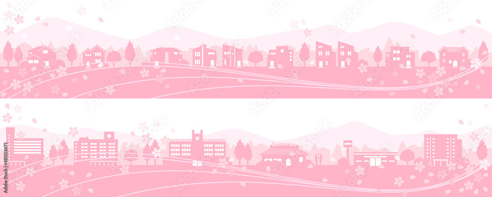 桜の咲く春の街並みのイラスト シルエット Stock Vector Adobe Stock