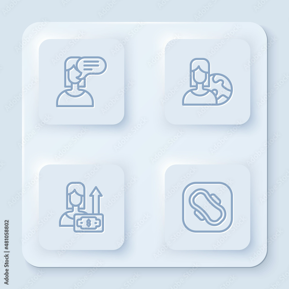 Set line Female opinion, Women from different countries, Money growth woman and Sanitary napkin. White square button. Vector Set line Female opinion, Women from different countries, Money growth woman and Sanitary napkin. White square button. Vector