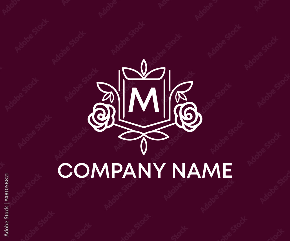 M luxury logo, luxury logo, m letter logo, m monogram, m initial letter logo, Elegant luxury identity design in rose and white.