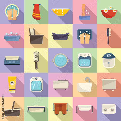 Foot bath icons set flat vector. Beauty calm