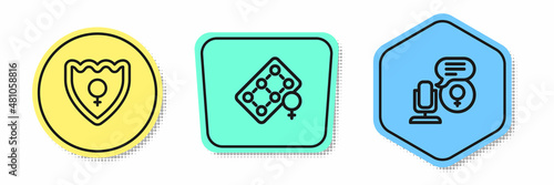 Set line Gender shield, Female, Packaging of birth control pills and Microphone. Colored shapes. Vector