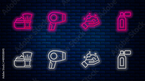 Set line Hair dryer, Shaving foam on hand, brush with and Aftershave atomizer. Glowing neon icon on brick wall. Vector