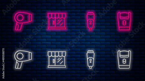 Set line Barbershop building, Electric razor blade, Hair dryer and . Glowing neon icon on brick wall. Vector