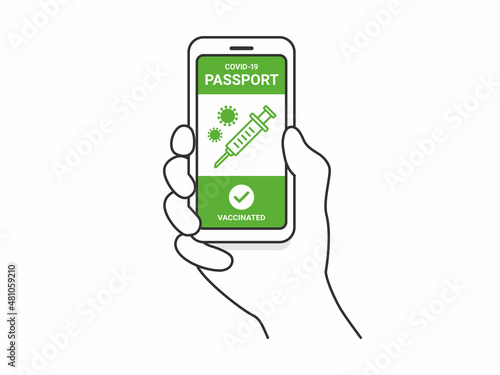 ワクチンパスポートが表示された、スマートフォンを持つ人のイラスト