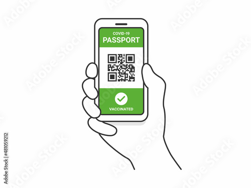 ワクチンパスポートが表示された、スマートフォンを持つ人のイラスト