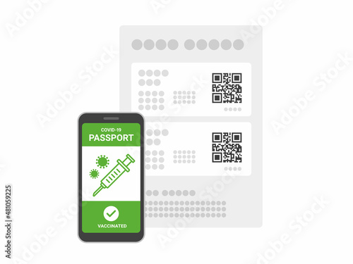 新型コロナワクチン接種証明書と、ワクチンパスポートが表示されたスマートフォンのイラスト