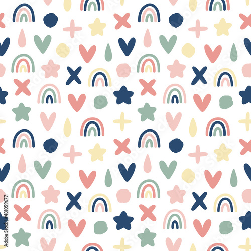 Abstract childish vector seamless pattern. Hand drawn Rainbows, Stars, Hearts and Drops. Simple geometric baby elements on white. Cute scandinavian style background for nursery print, fabric, textile