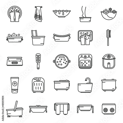 Foot bath icons set outline vector. Beauty calm