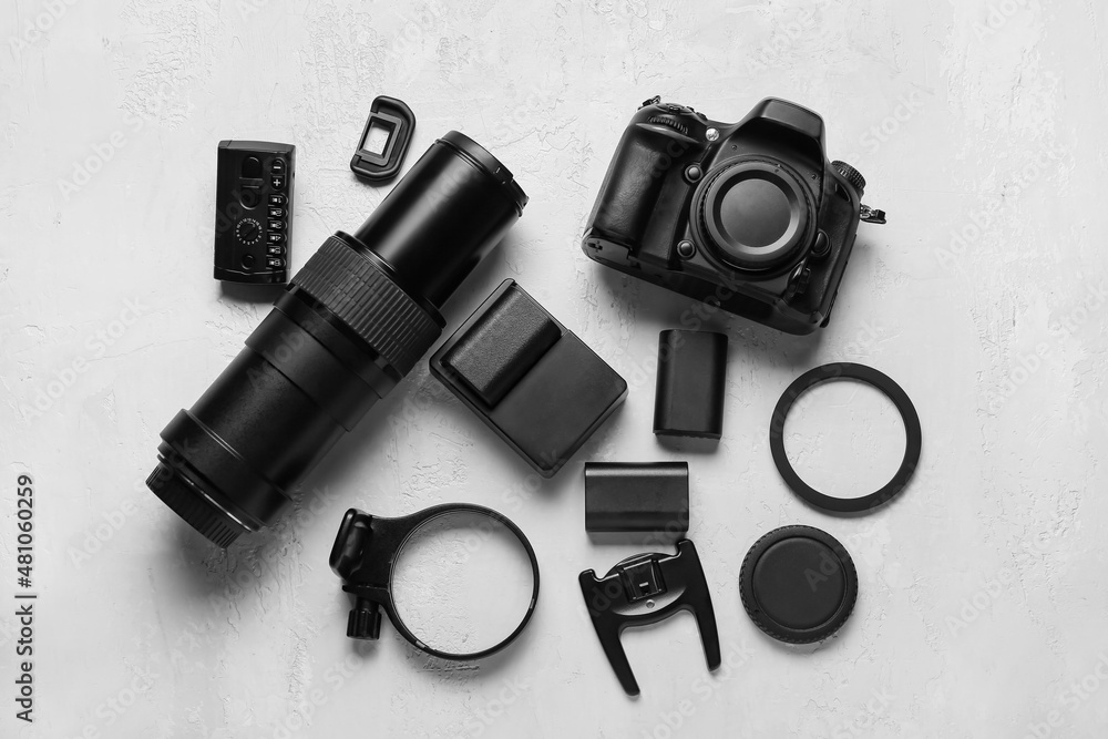 Photo equipment on light table background, top view Photo equipment on light table background, top view