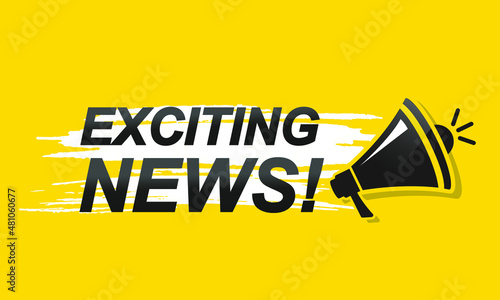 Megaphone with exciting news on brush stroke yellow banner. Loudspeaker. Banner for business, marketing and advertising.