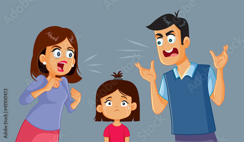 Little Girl Crying While Her Parents Fight Vector Illustration