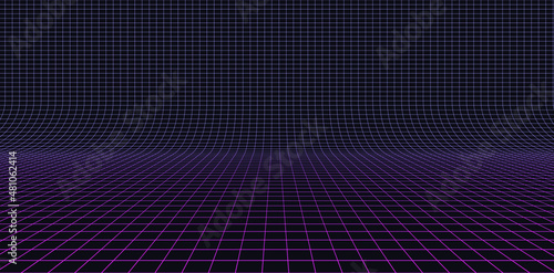 Retro Futuristic Neon Grid Background. 80s Design Perspective Plane Landscape. Neon Lines Lights. Synthwave, Retrowave, Vaporwave Theme Vector Illustration