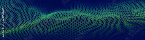 Futuristic Hexagon Grid. HUD Background Design Element. Technology Concept. Ultrawide 3D Landscape. Big Data Vector Illustration. Abstract Technology Wallpaper. photo