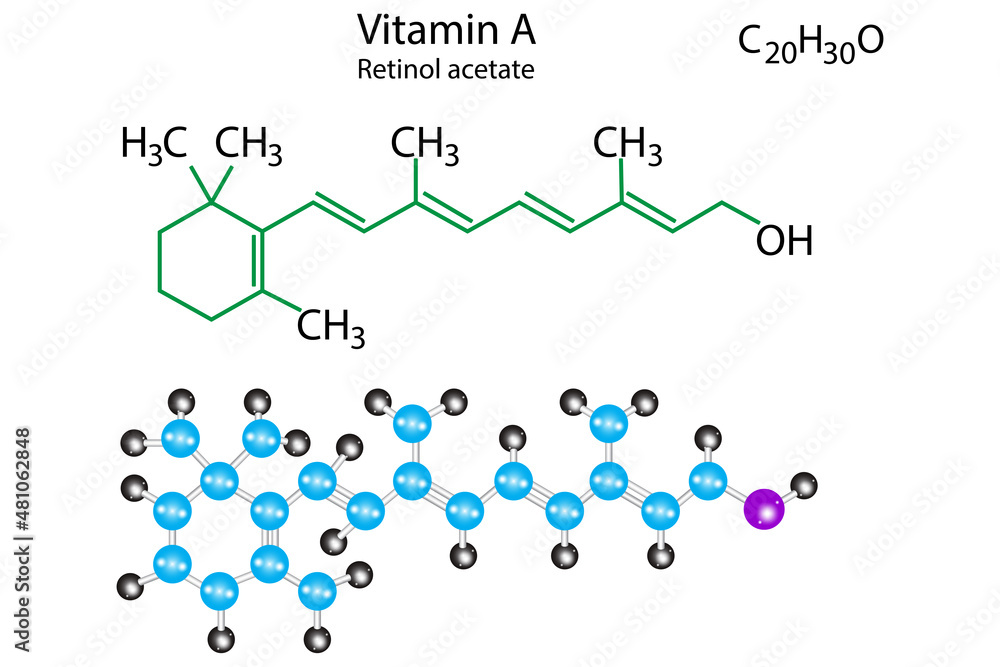 Vitamin A molecule structure. Retinol acetate skeletal formula. Scientific  concept. Vector illustration. Stock image. Stock Vector | Adobe Stock