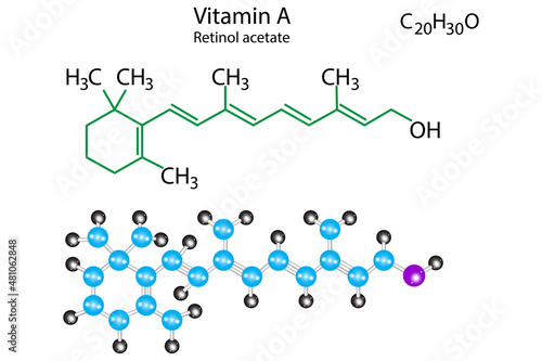 Vitamin A molecule structure. Retinol acetate skeletal formula. Scientific concept. Vector illustration. Stock image.
