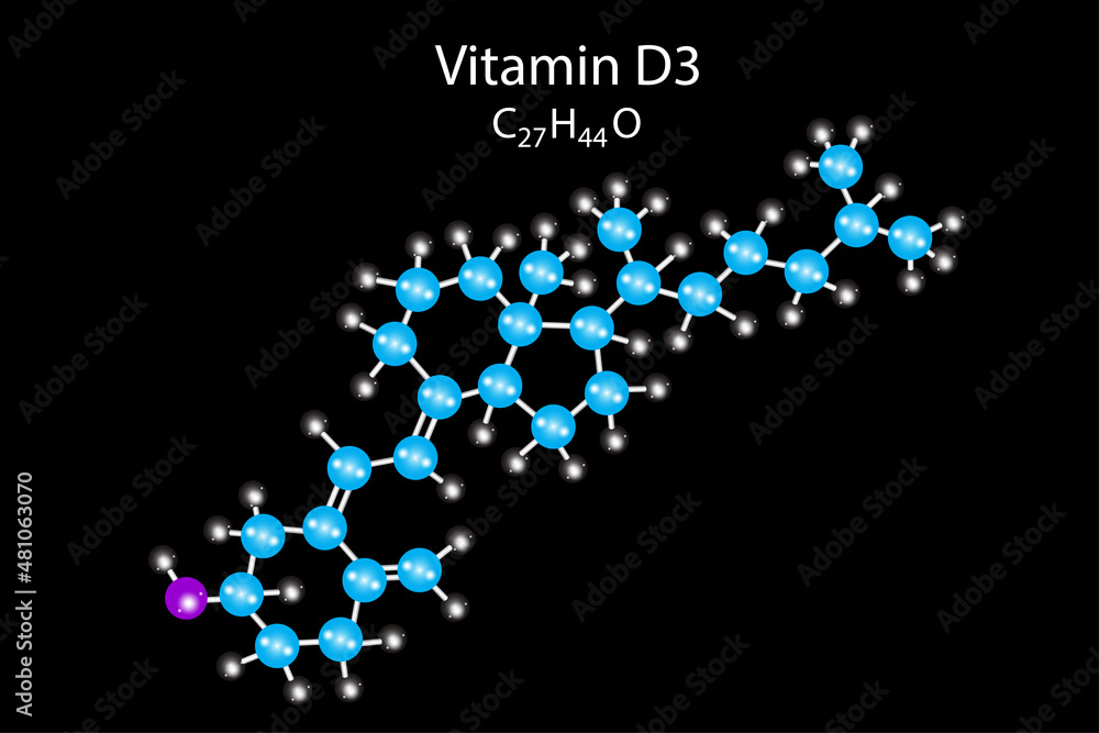Vitamin D3 skeletal formula. Cholecalciferol molecular structure. Black background. Vector illustration. Stock image. 