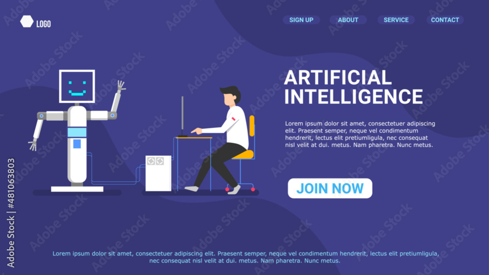 a male scientist is programming a robot with his computer, artificial intelligence technology of the future. landing page a male scientist is programming a robot with his computer, artificial intelligence technology of the future. landing page