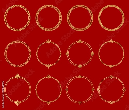 Round circle asian frames. Japanese, korean and chinese borders. Oriental decorative frames set with geometric line ornaments, vector vintage borders with golden endless knot patterns