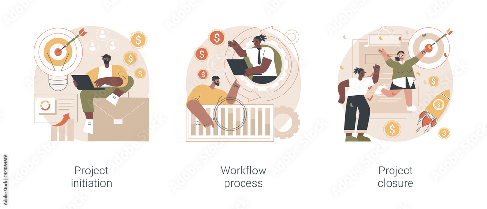 Fototapeta premium Project implementation abstract concept vector illustration set. Project initiation and closure, workflow process, business analysis, vision and scope, management software, deadline abstract metaphor.