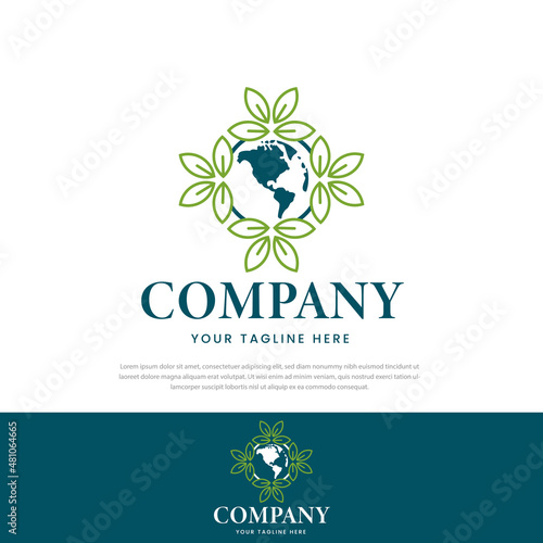 Abstract globe flower vector logo. Global leaf environmental shadow logo type.