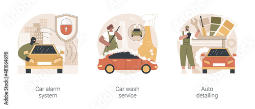Automobile care service abstract concept vector illustration set. Car alarm system, car wash service, auto detailing, anti-theft, automatic wash, full service, vehicle detailing abstract metaphor.