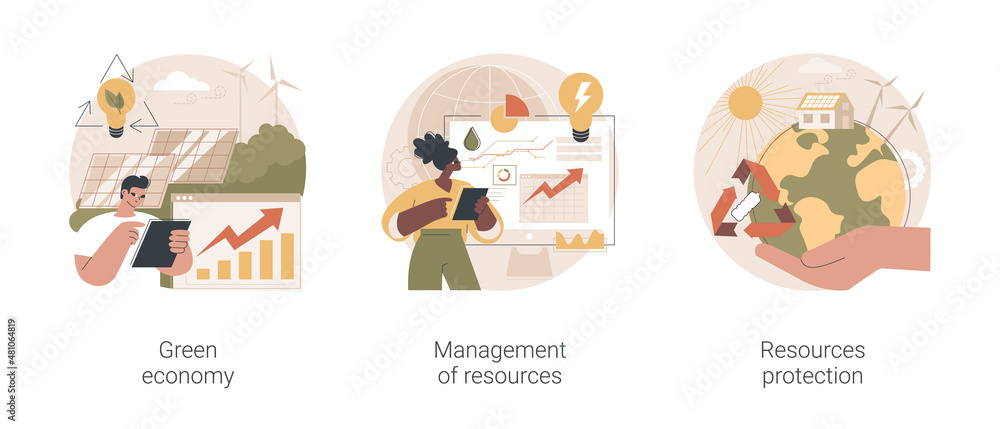 Sustainable development abstract concept vector illustration set. Green economy, management of resources, natural resources protection and land conservation, renewable energy abstract metaphor.