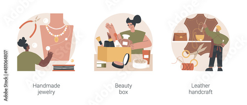 Handmade startup abstract concept vector illustration set. Handmade jewelry, beauty box, leather handcraft, online designer shop, artisan goods, subscription, beauty products abstract metaphor.