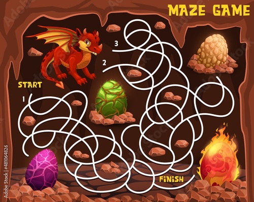 Labyrinth maze with cartoon dinosaur or dragon eggs in cave. Start to finish game, kids education puzzle or pathfinding riddle vector worksheet with winged dinosaur or dragon and eggs