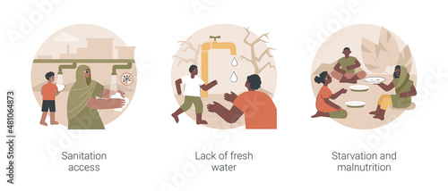 Population problems abstract concept vector illustration set. Sanitation access, lack of fresh drinking water, starvation and malnutrition, bad nutrition, disease prevention abstract metaphor.