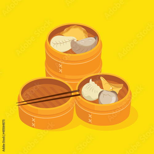 Cartoon Chinese Dumplings In Bamboo Basket Set