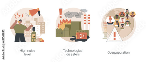 Human factors abstract concept vector illustration set. High noise level, technological disasters, industrial accident, human overpopulation, urban population growth, environment abstract metaphor.
