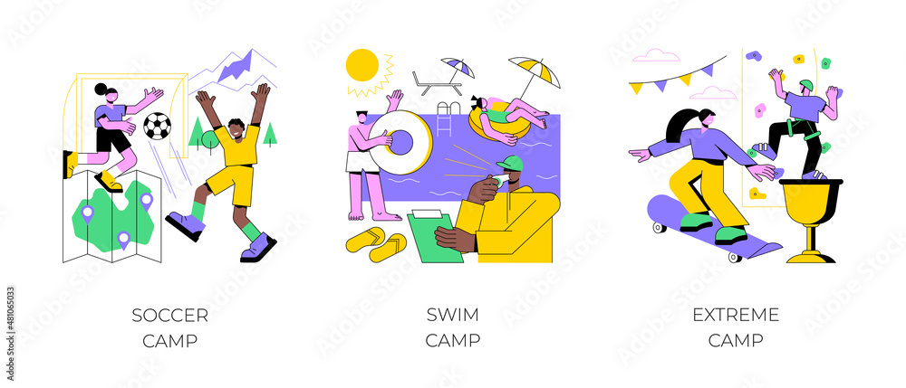 Youth sport program abstract concept vector illustration set. Soccer and swim camp, extreme sports for teens, outdoor class, physical activity, summer vacation, teamwork training abstract metaphor.