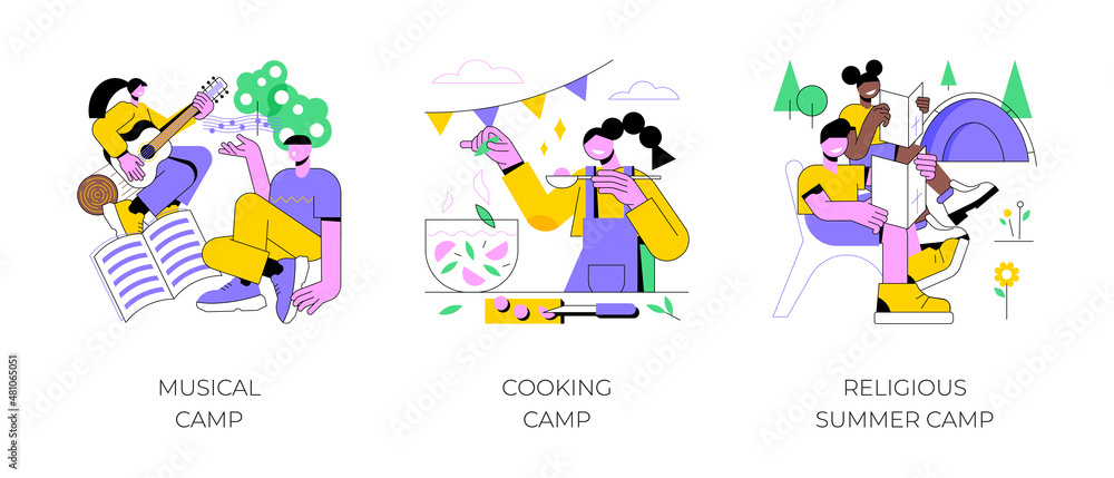 Children summer vacation abstract concept vector illustration set. Musical summer camp, culinary education for kids, religious camp, playing instrument, young chief, Bible study abstract metaphor.