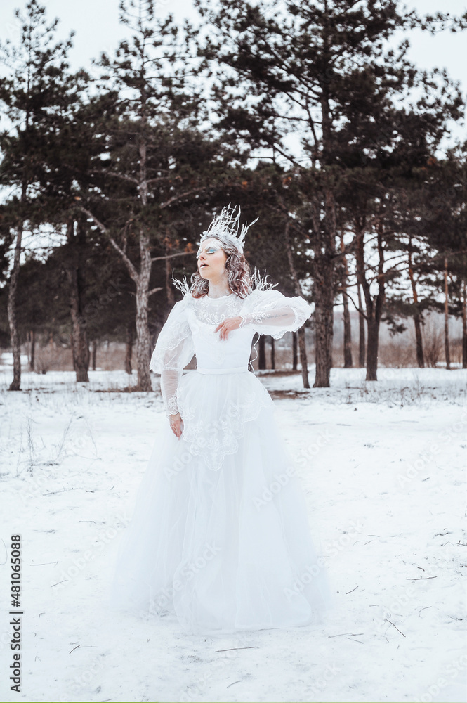 Close up stylized portrait of beautiful woman with art make up in snowy forest in winter. The Snow Queen concept. Close up stylized portrait of beautiful woman with art make up in snowy forest in winter. The Snow Queen concept.