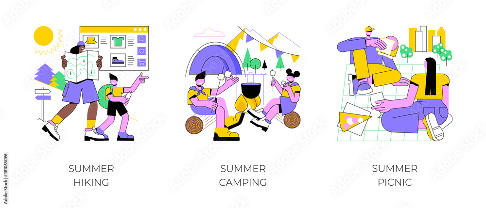 Fototapeta premium Vacation activities abstract concept vector illustration set. Summer hiking, caravan camping in national park, outdoor picnic, scout program, leisure time spending, park trails abstract metaphor.