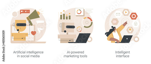 Automated algorithm abstract concept vector illustration set. Artificial intelligence in social media, AI-powered marketing tools, intelligent interface, usability engineering abstract metaphor.