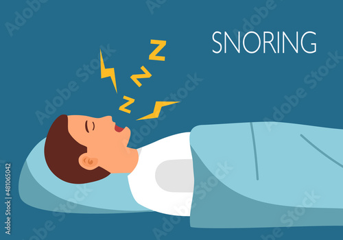 Man sleeping and snoring in flat design. Snore health problem concept vector illustration.