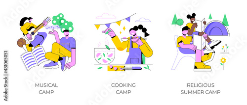 Children summer vacation abstract concept vector illustration set. Musical summer camp, culinary education for kids, religious camp, playing instrument, young chief, Bible study abstract metaphor.