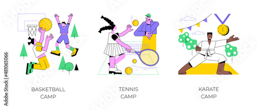 Youth summer holiday abstract concept vector illustration set. Basketball and tennis summer camps, karate vacation program, martial arts, physical activity, sport academy, training abstract metaphor.