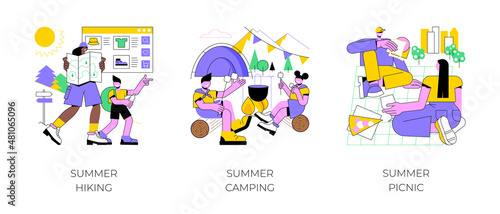 Vacation activities abstract concept vector illustration set. Summer hiking, caravan camping in national park, outdoor picnic, scout program, leisure time spending, park trails abstract metaphor.