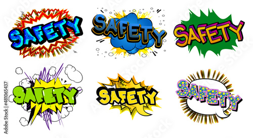 Safety. Comic book word text on abstract comics background. Retro pop art style illustration.